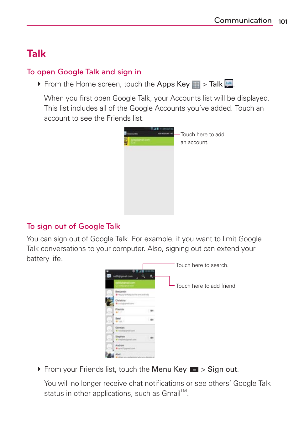 Talk, Communication | LG LGMS870 User Manual | Page 103 / 210