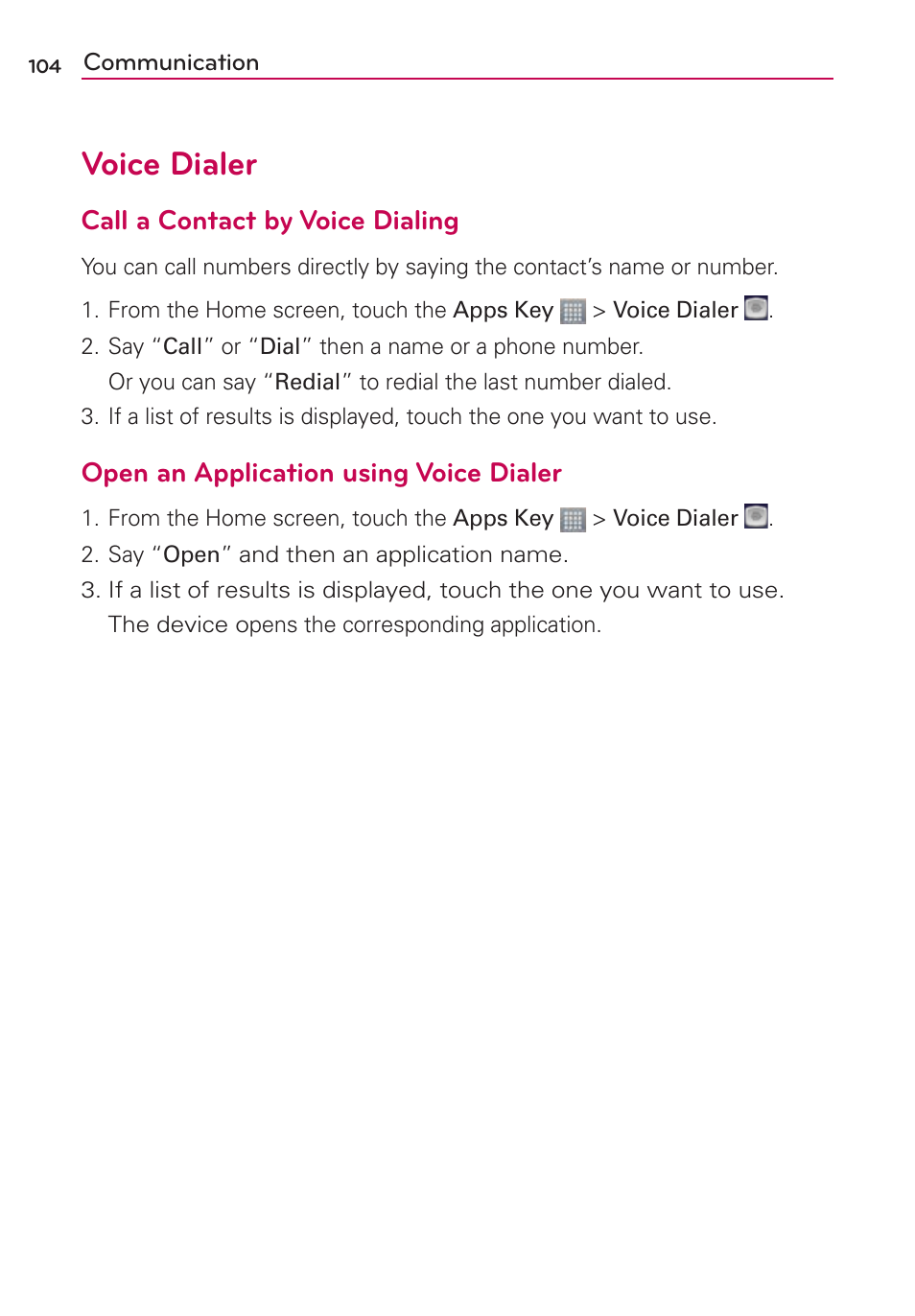 Voice dialer, Call a contact by voice dialing, Open an application using voice dialer | LG LGMS870 User Manual | Page 106 / 210