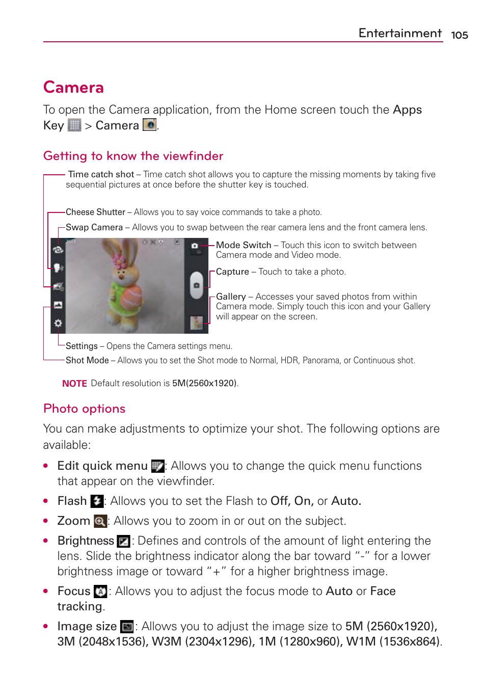 Entertainment, Camera, Getting to know the viewﬁnder | Photo options | LG LGMS870 User Manual | Page 107 / 210