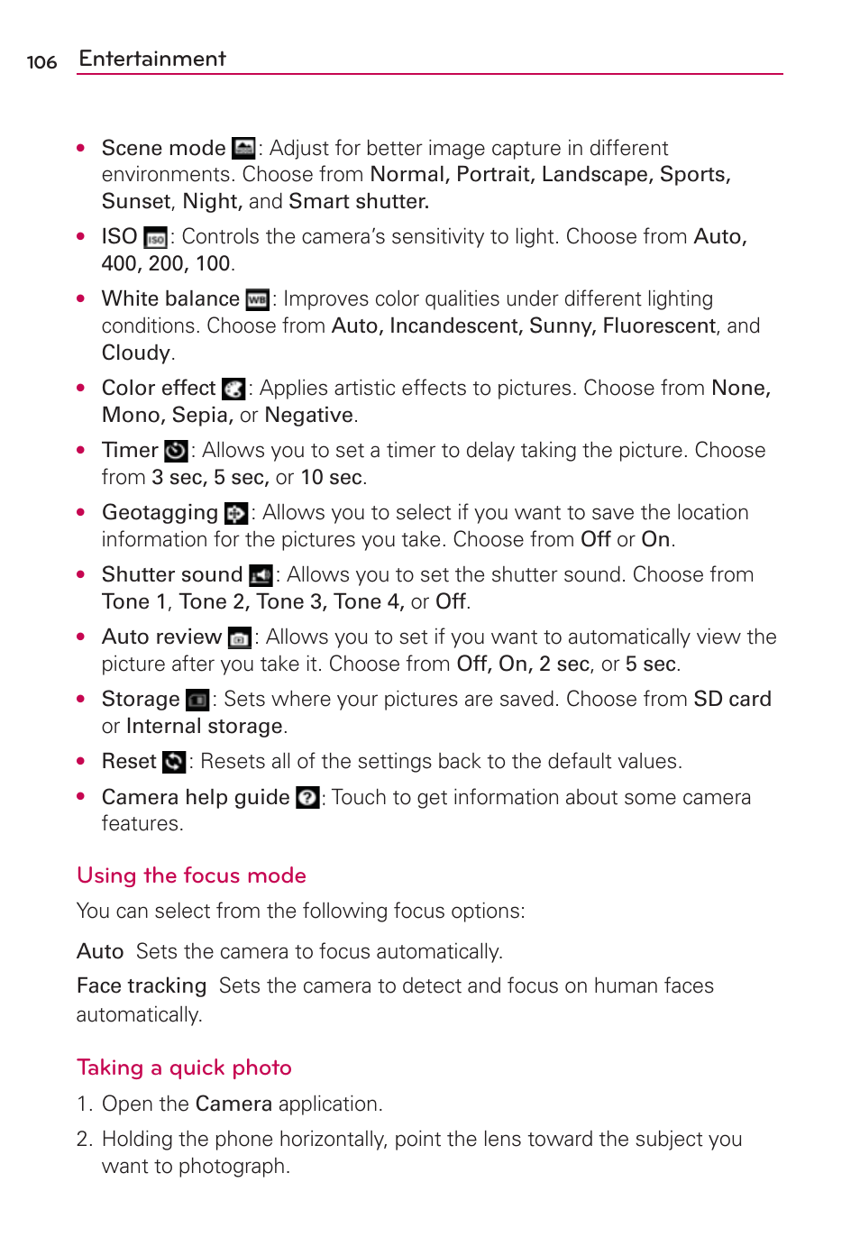 Entertainment, Using the focus mode, Taking a quick photo | LG LGMS870 User Manual | Page 108 / 210
