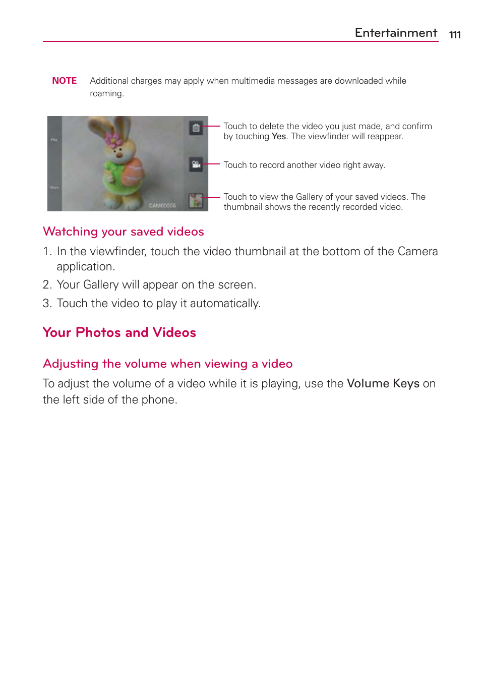 Your photos and videos, Entertainment, Watching your saved videos | Adjusting the volume when viewing a video | LG LGMS870 User Manual | Page 113 / 210