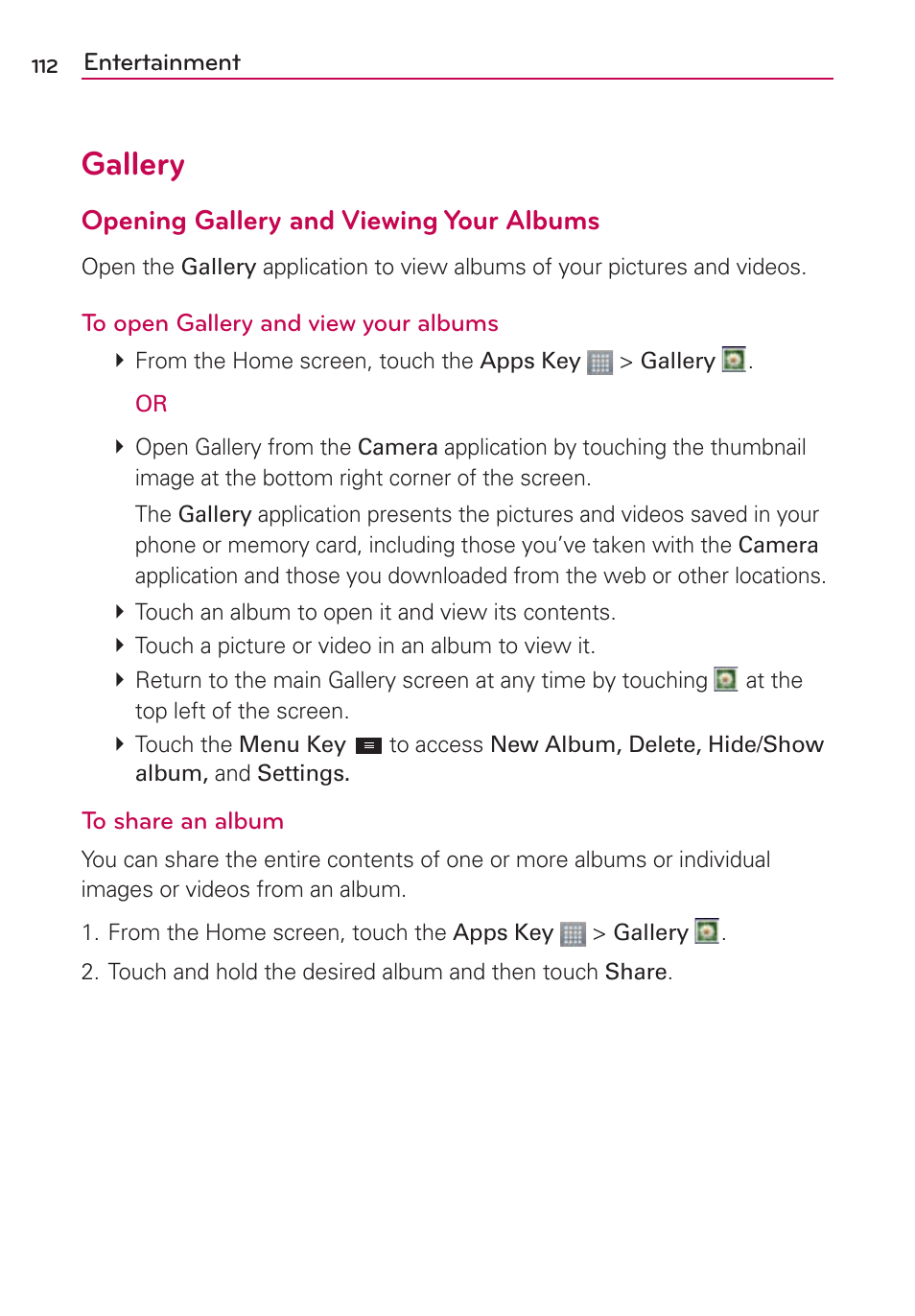 Gallery, Opening gallery and viewing your albums | LG LGMS870 User Manual | Page 114 / 210