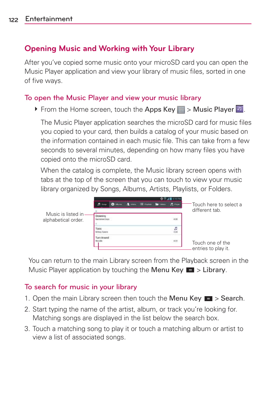 Opening music and working with your library | LG LGMS870 User Manual | Page 124 / 210