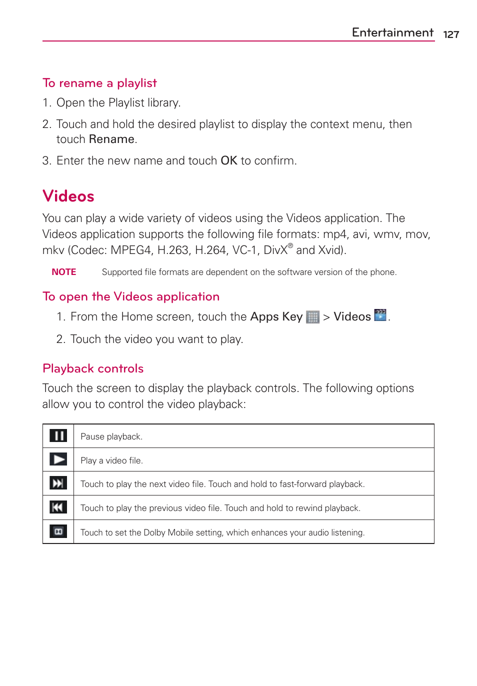 Videos, Entertainment to rename a playlist, Playback controls | LG LGMS870 User Manual | Page 129 / 210