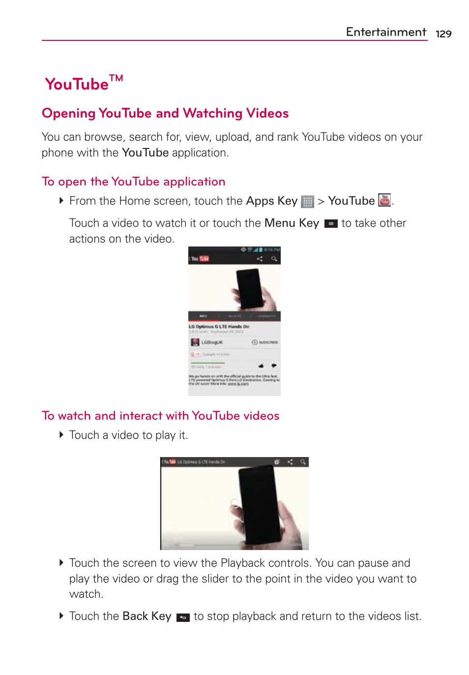 Youtube, Opening youtube and watching videos | LG LGMS870 User Manual | Page 131 / 210