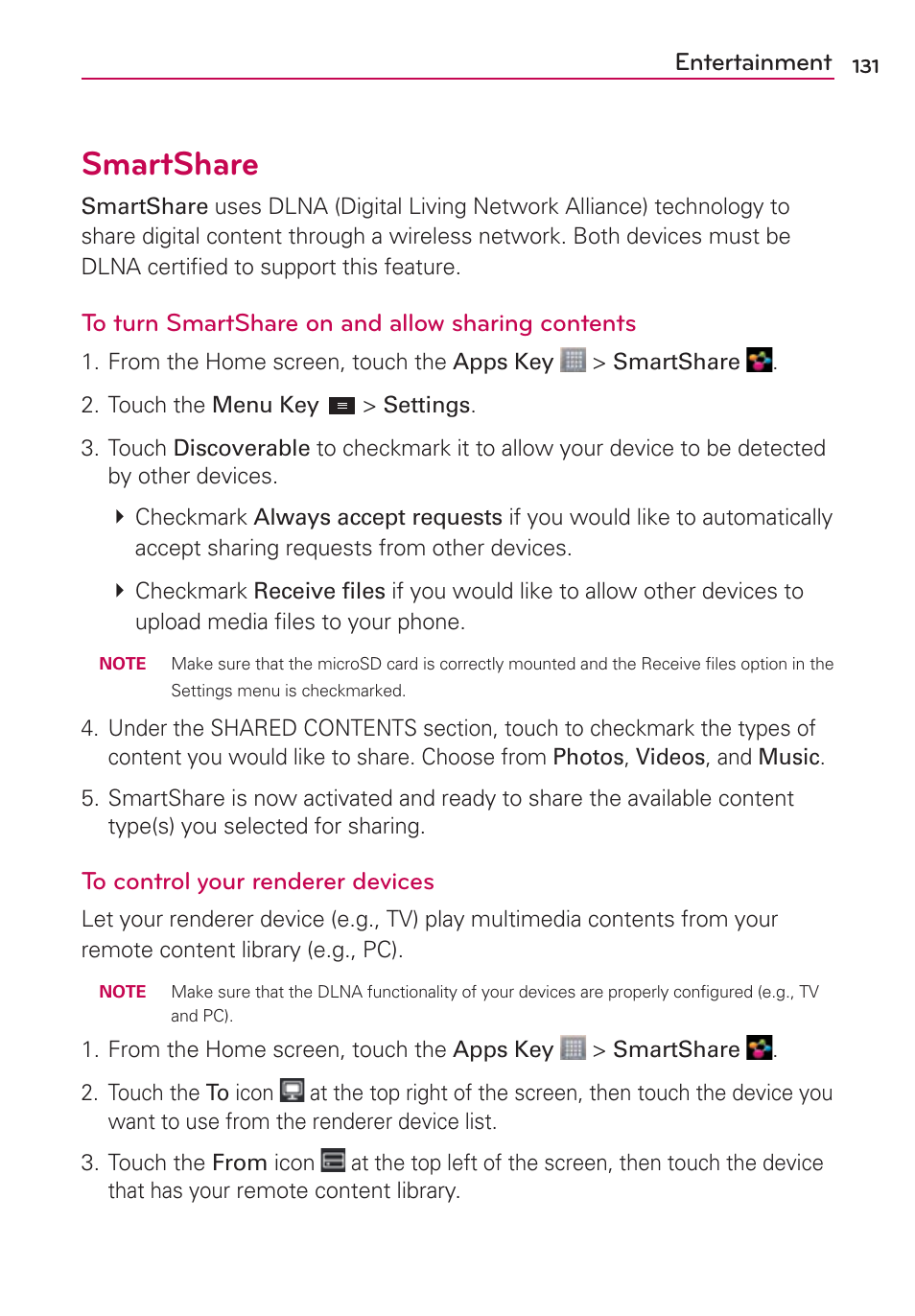 Smartshare, Entertainment | LG LGMS870 User Manual | Page 133 / 210