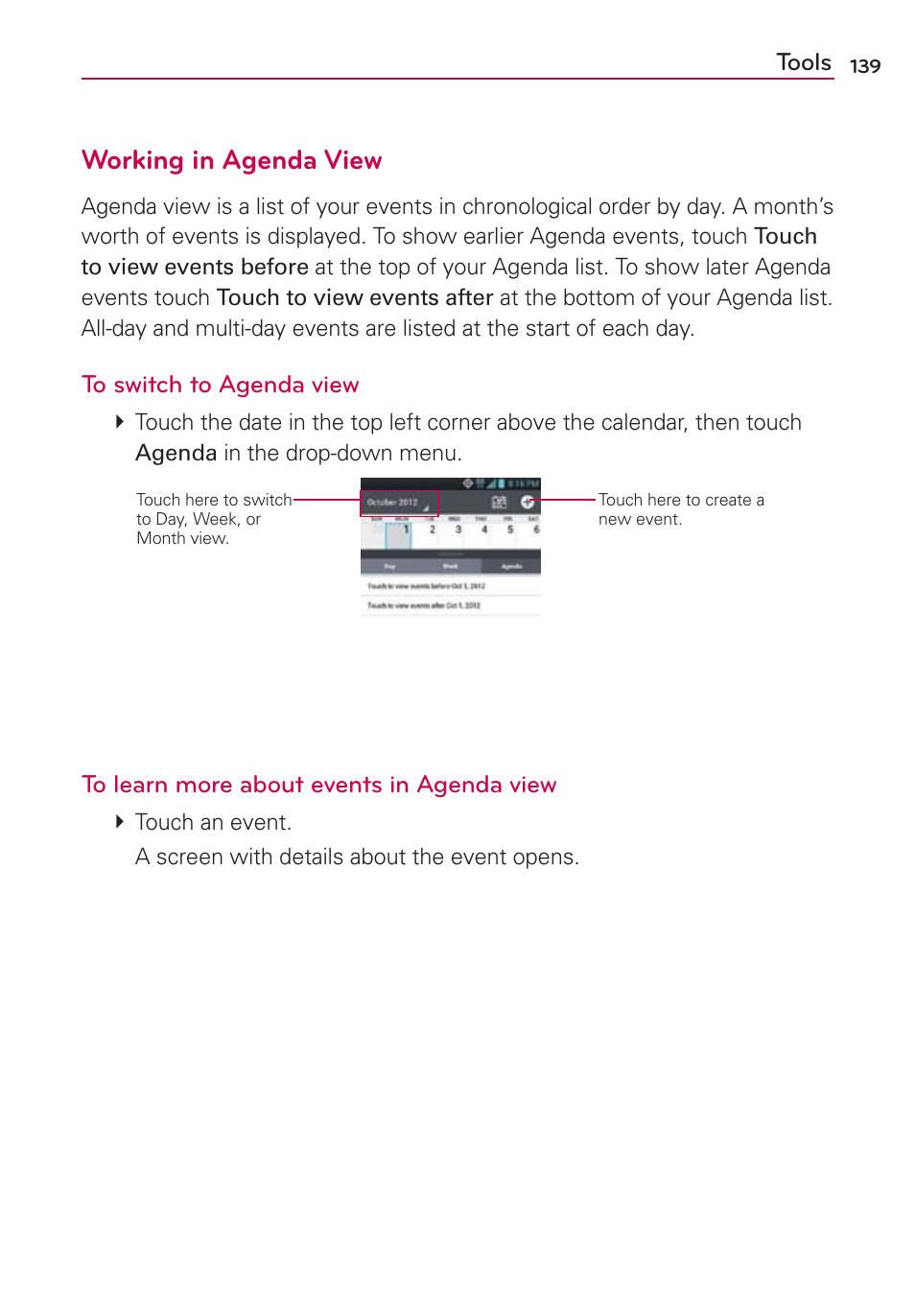 Working in agenda view | LG LGMS870 User Manual | Page 141 / 210