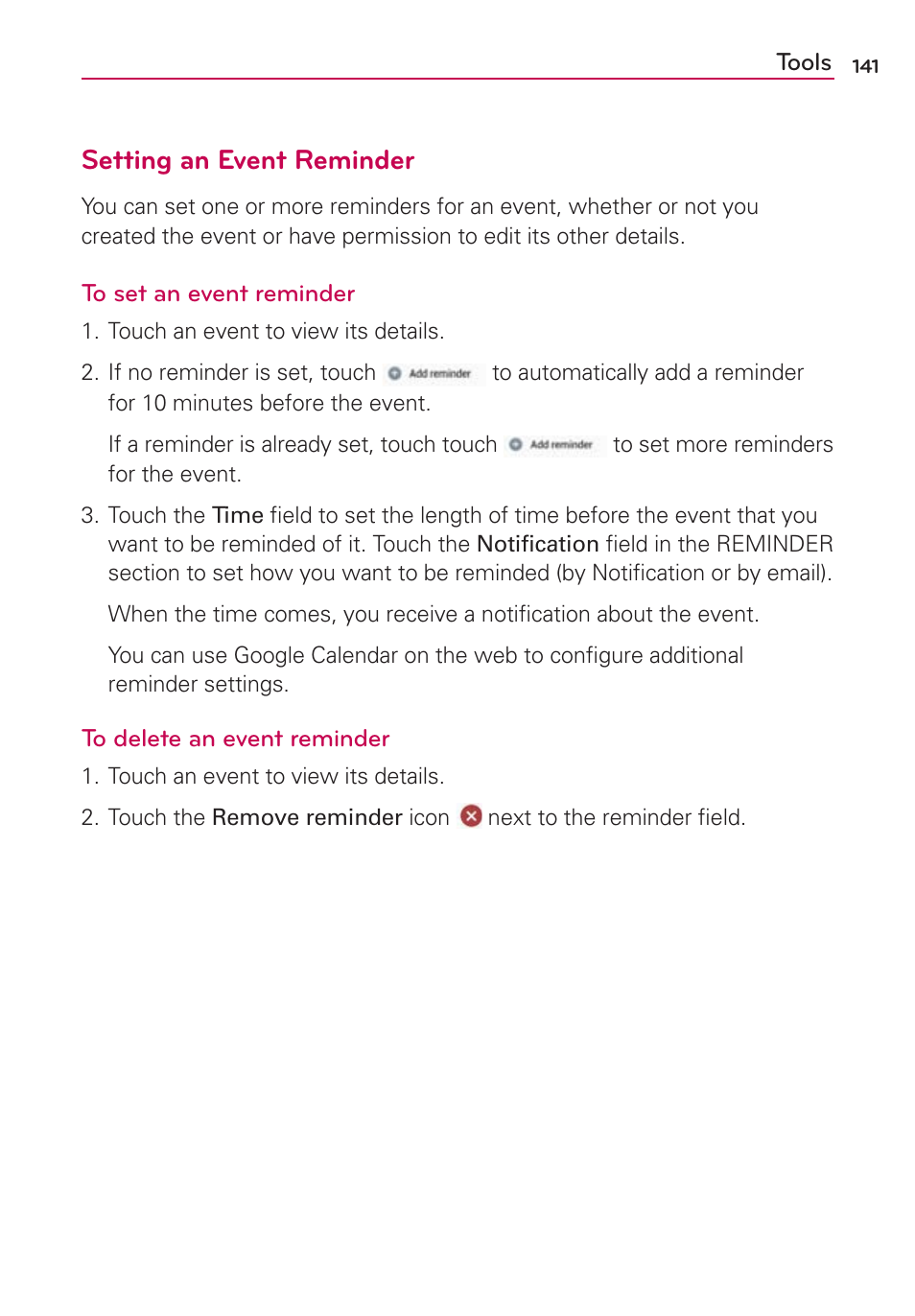 Setting an event reminder | LG LGMS870 User Manual | Page 143 / 210