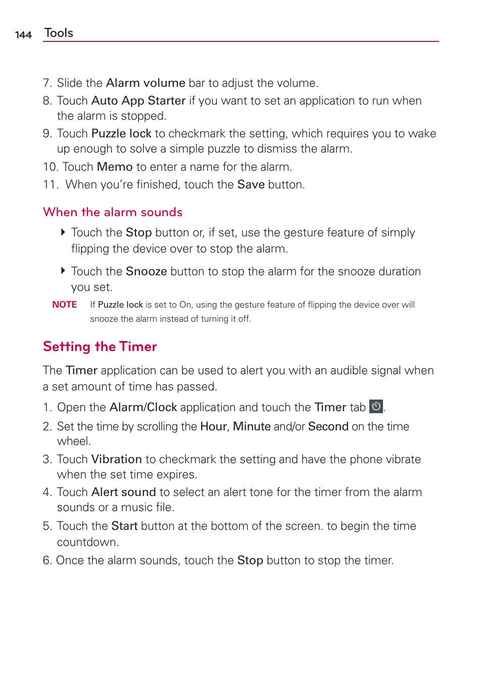 Setting the timer, Tools, When the alarm sounds | LG LGMS870 User Manual | Page 146 / 210