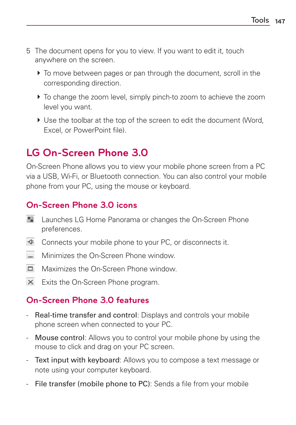 Lg on-screen phone 3.0, On-screen phone 3.0 icons, On-screen phone 3.0 features | LG LGMS870 User Manual | Page 149 / 210