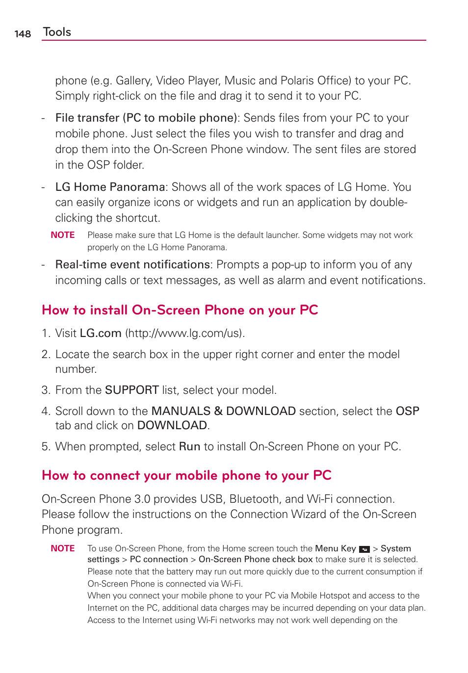 How to install on-screen phone on your pc, How to connect your mobile phone to your pc, Tools | LG LGMS870 User Manual | Page 150 / 210