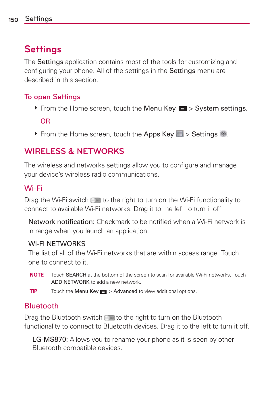 Settings, Wireless & networks, Wi-fi | Bluetooth | LG LGMS870 User Manual | Page 152 / 210