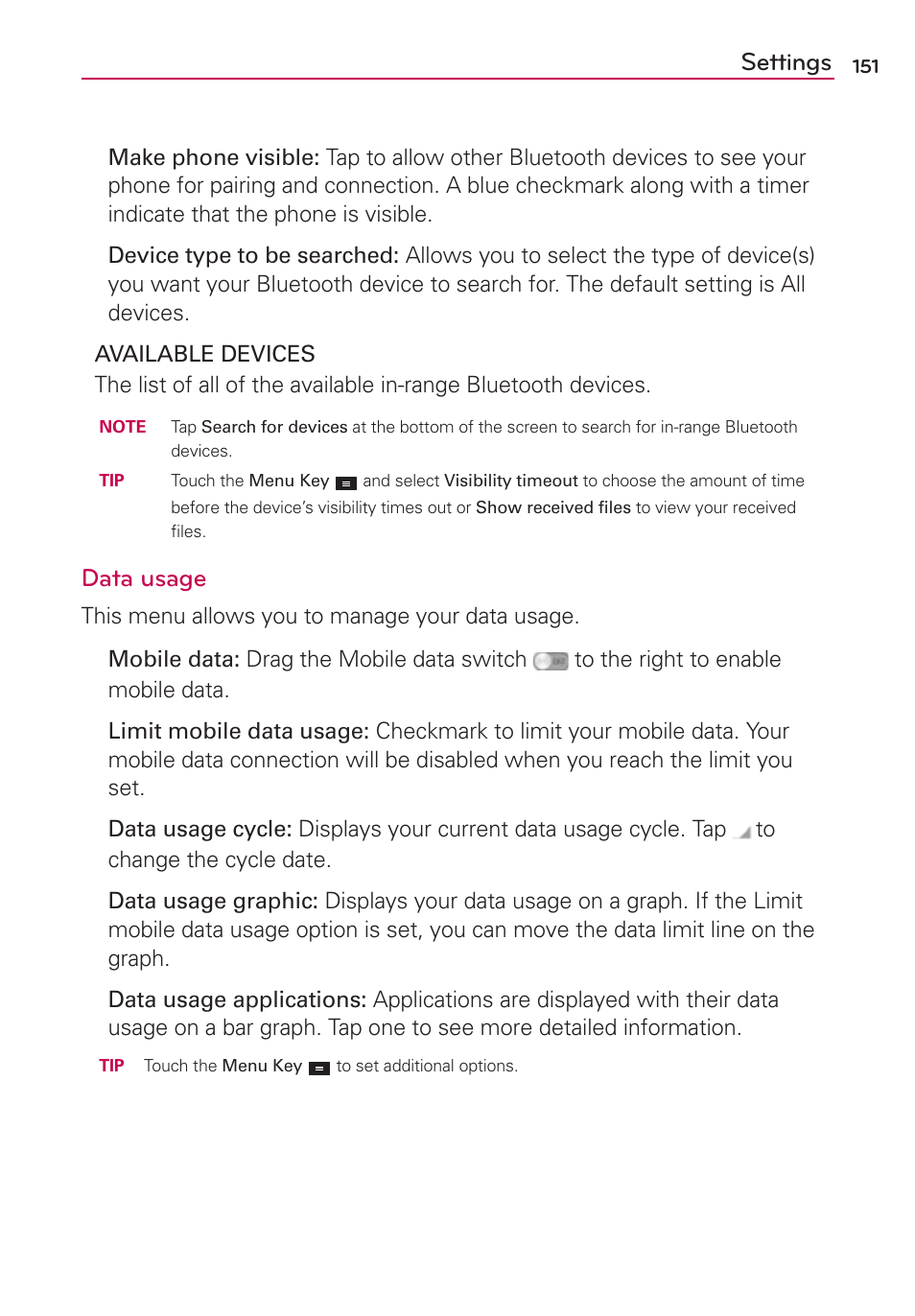 Settings, Data usage | LG LGMS870 User Manual | Page 153 / 210