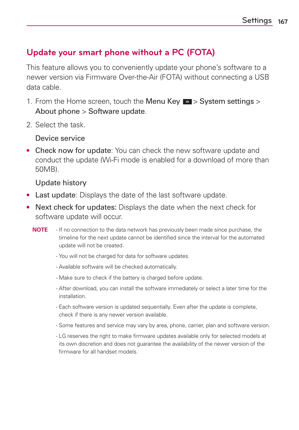 Update your smart phone without a pc (fota), Settings | LG LGMS870 User Manual | Page 169 / 210