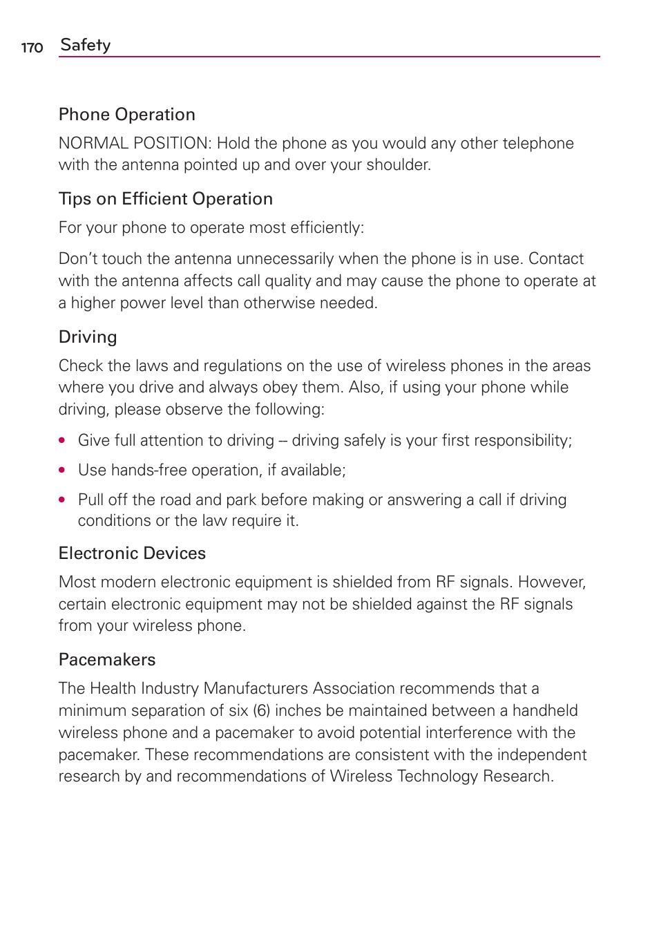 Safety | LG LGMS870 User Manual | Page 172 / 210