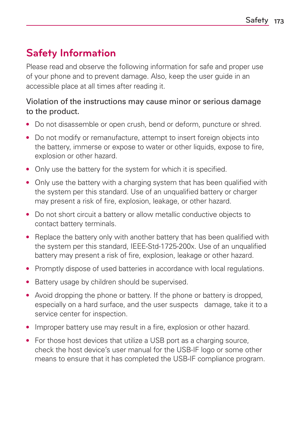 Safety information, Safety | LG LGMS870 User Manual | Page 175 / 210