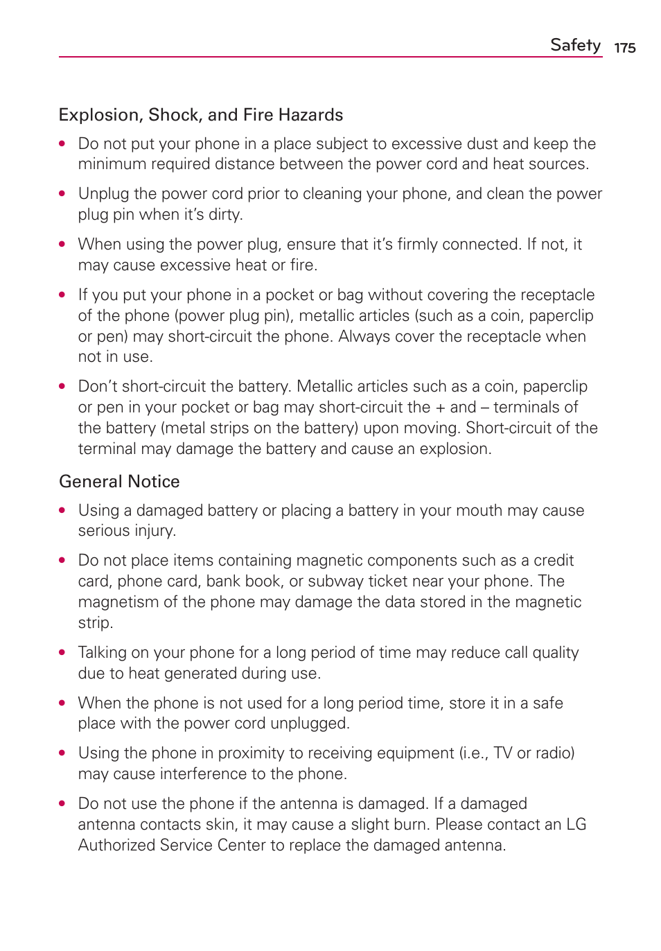 Safety, Explosion, shock, and fire hazards, General notice | LG LGMS870 User Manual | Page 177 / 210