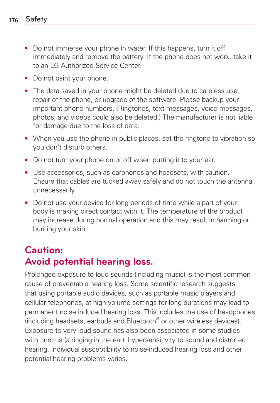 Caution: avoid potential hearing loss, Safety | LG LGMS870 User Manual | Page 178 / 210