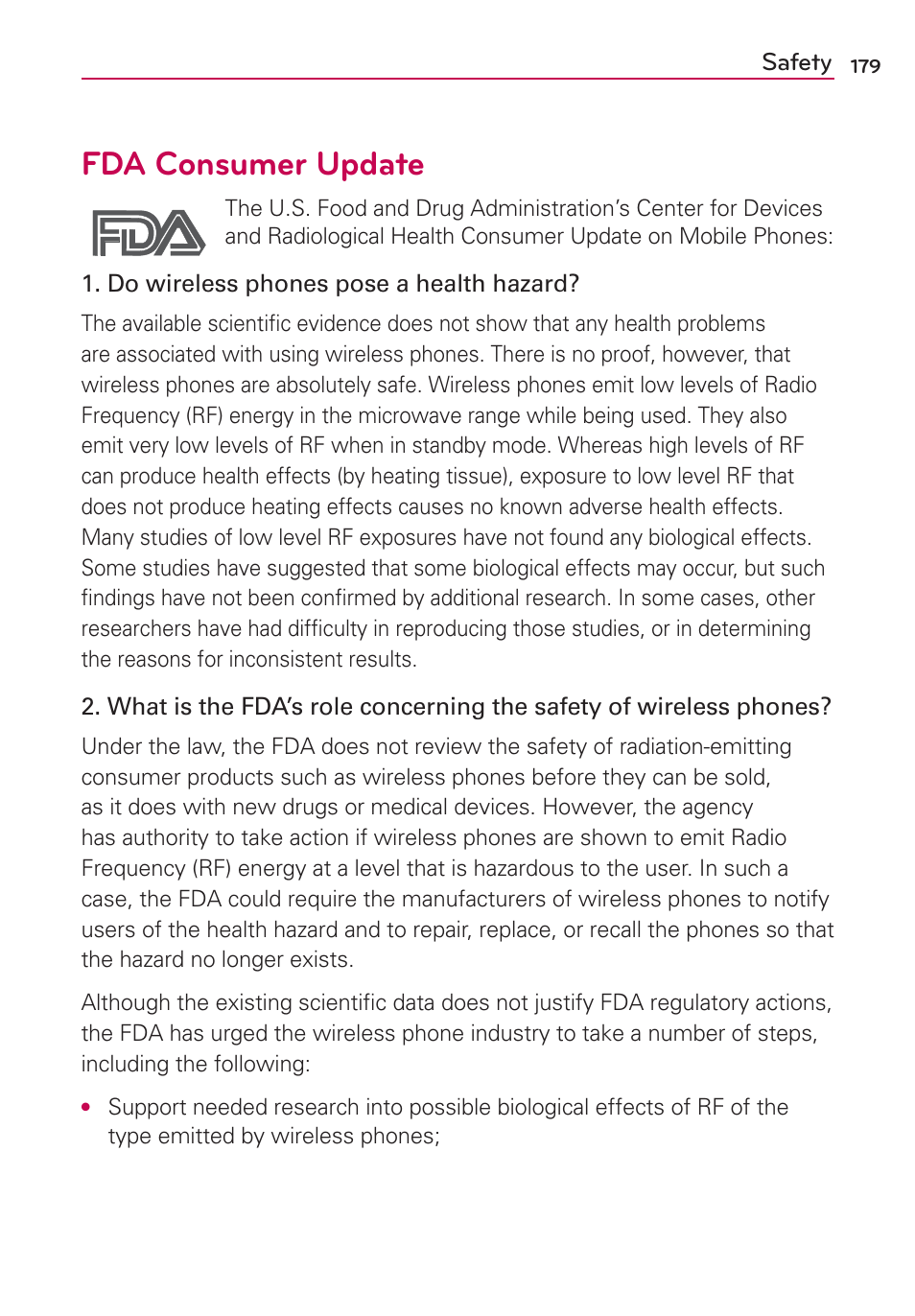 Fda consumer update | LG LGMS870 User Manual | Page 181 / 210