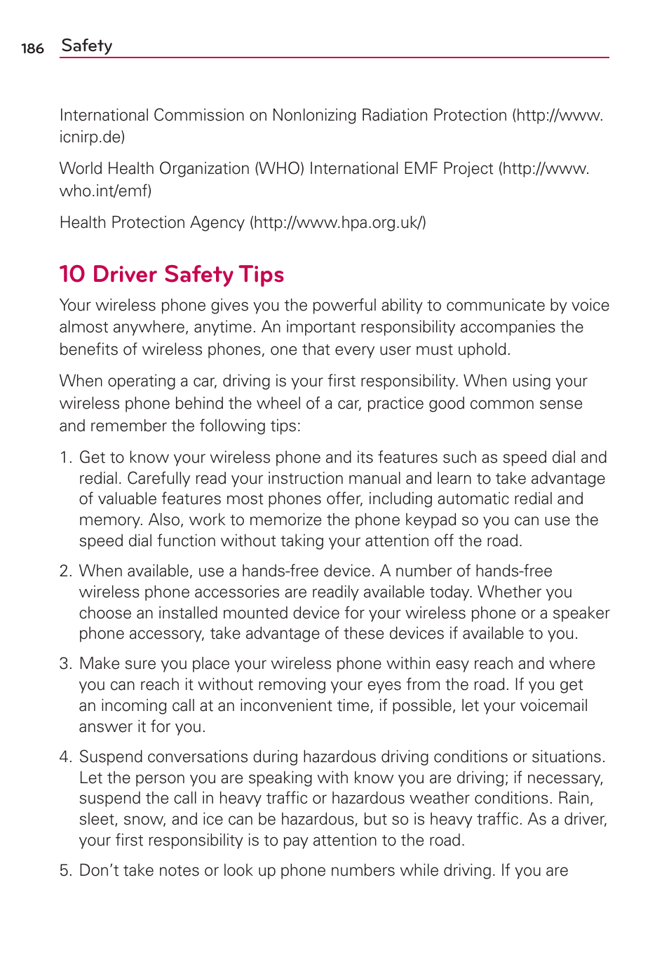 10 driver safety tips | LG LGMS870 User Manual | Page 188 / 210