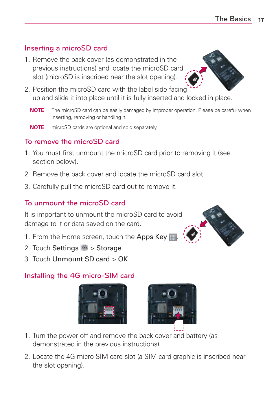 The basics inserting a microsd card, Installing the 4g micro-sim card | LG LGMS870 User Manual | Page 19 / 210