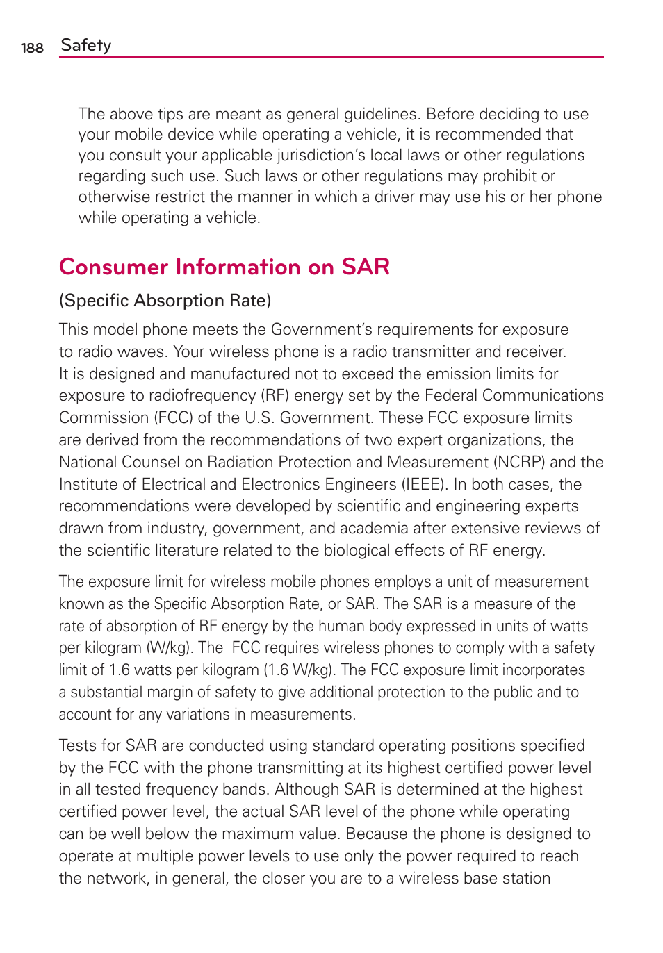 Consumer information on sar | LG LGMS870 User Manual | Page 190 / 210