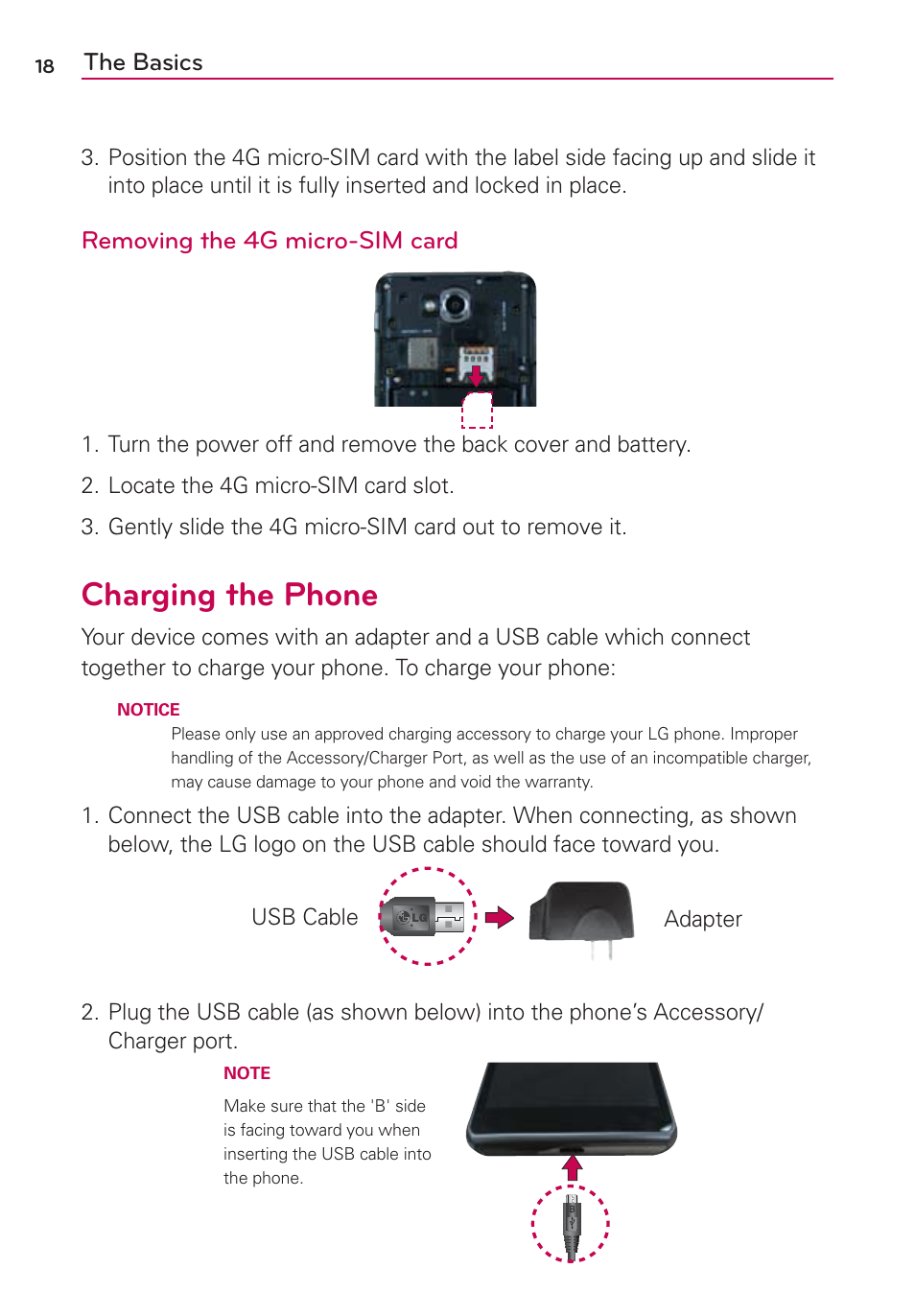 Charging the phone, The basics, Removing the 4g micro-sim card | LG LGMS870 User Manual | Page 20 / 210