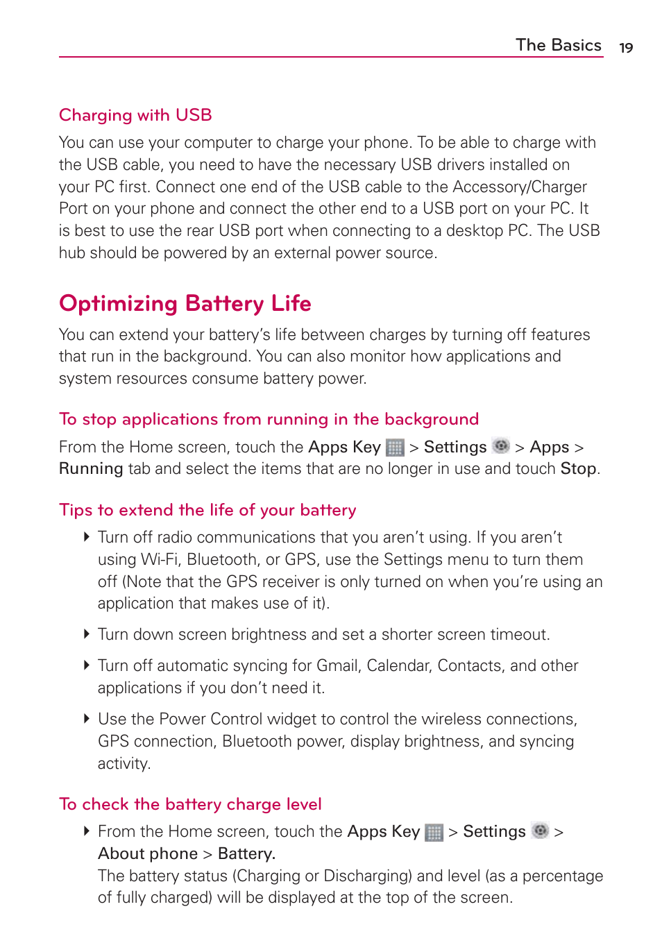 Optimizing battery life | LG LGMS870 User Manual | Page 21 / 210