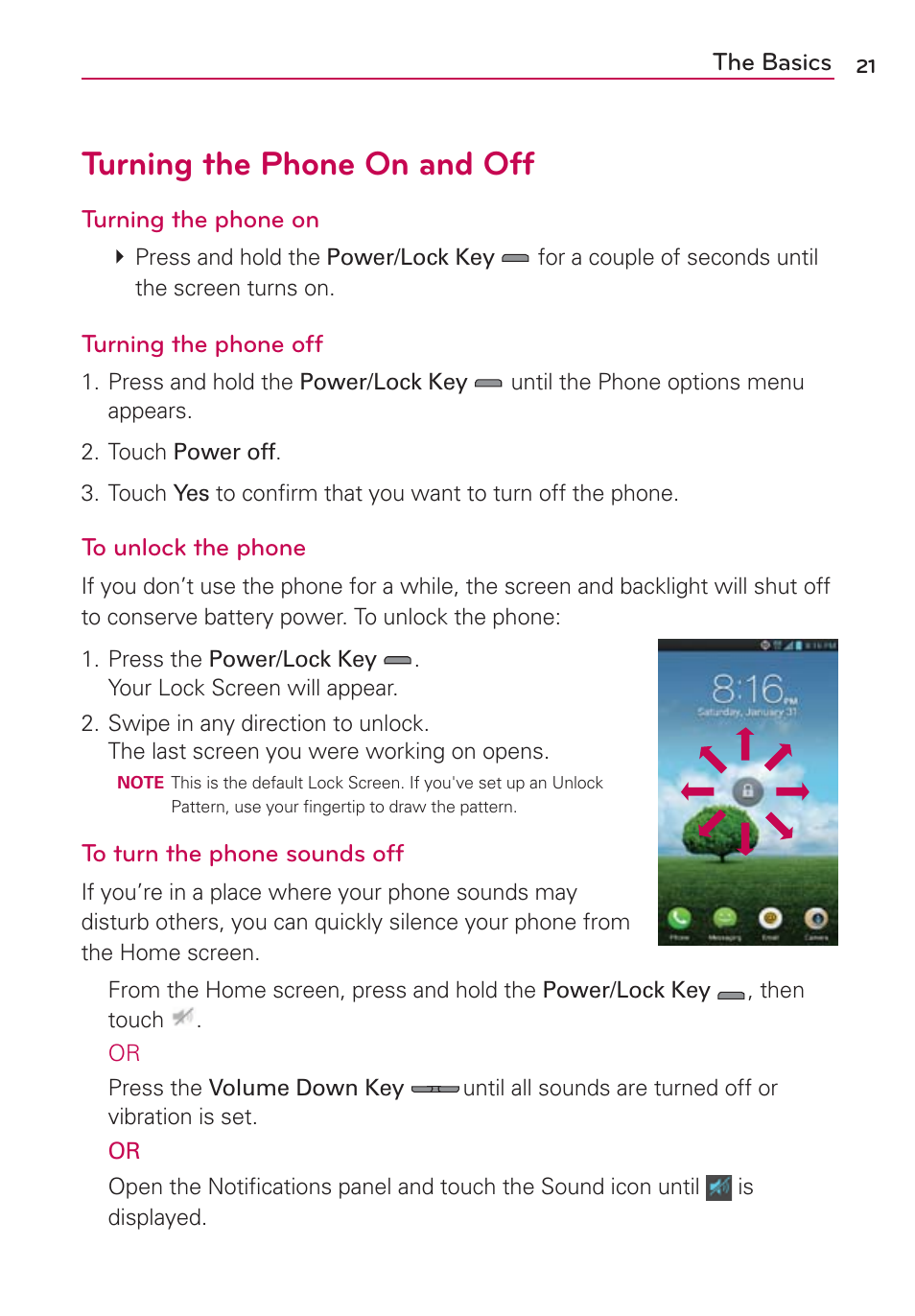 Turning the phone on and off | LG LGMS870 User Manual | Page 23 / 210