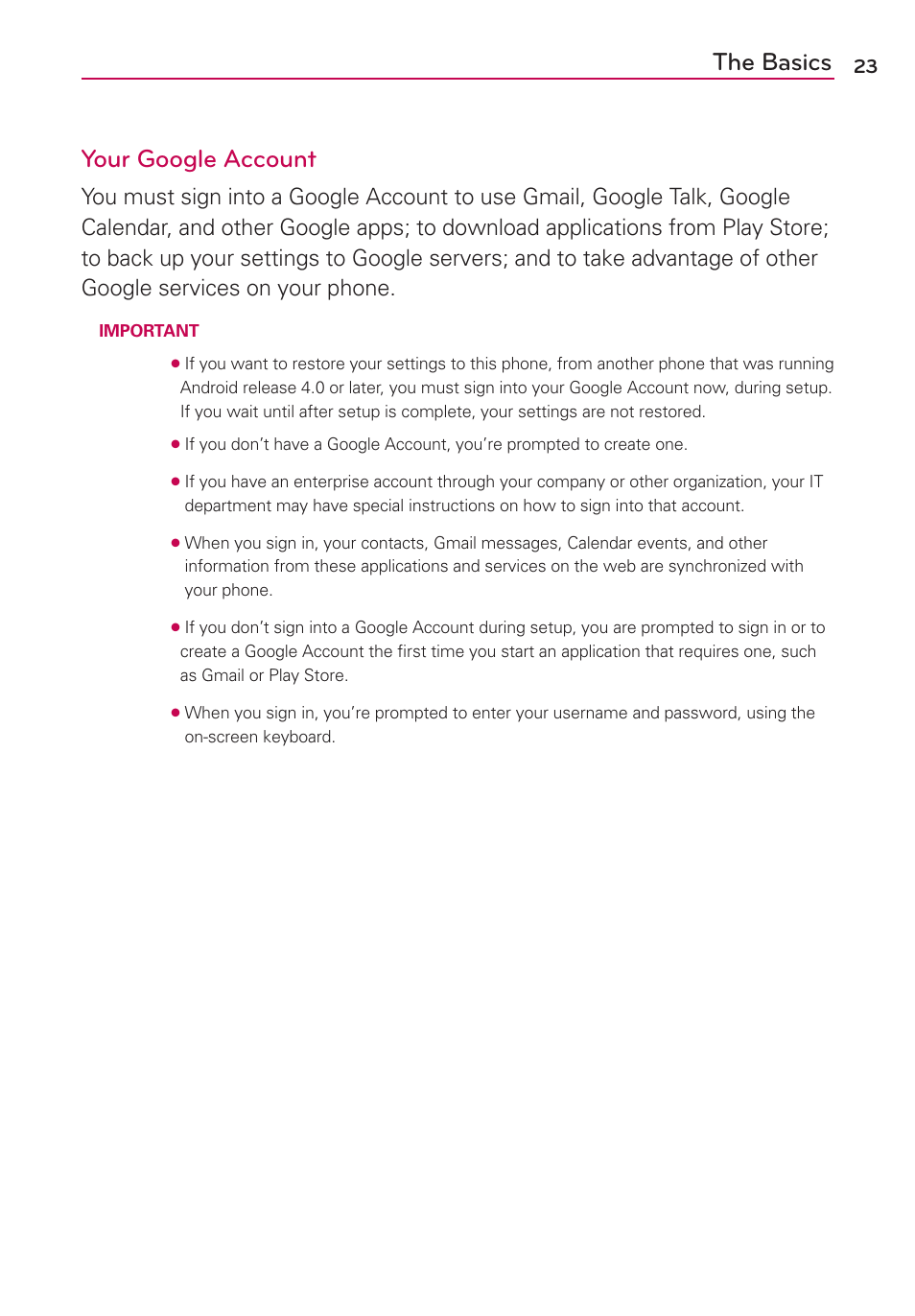 The basics your google account | LG LGMS870 User Manual | Page 25 / 210