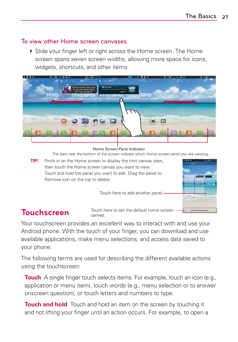 Touchscreen, The basics to view other home screen canvases | LG LGMS870 User Manual | Page 29 / 210