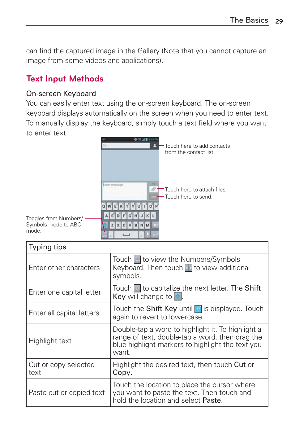 Text input methods, The basics | LG LGMS870 User Manual | Page 31 / 210