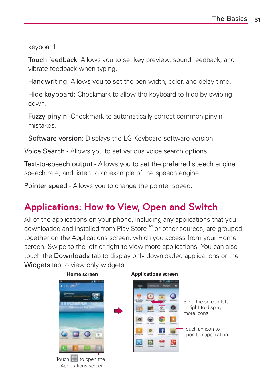 Applications: how to view, open and switch, The basics | LG LGMS870 User Manual | Page 33 / 210