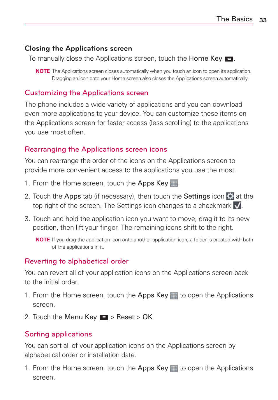 The basics closing the applications screen, Customizing the applications screen, Rearranging the applications screen icons | Reverting to alphabetical order, Sorting applications | LG LGMS870 User Manual | Page 35 / 210