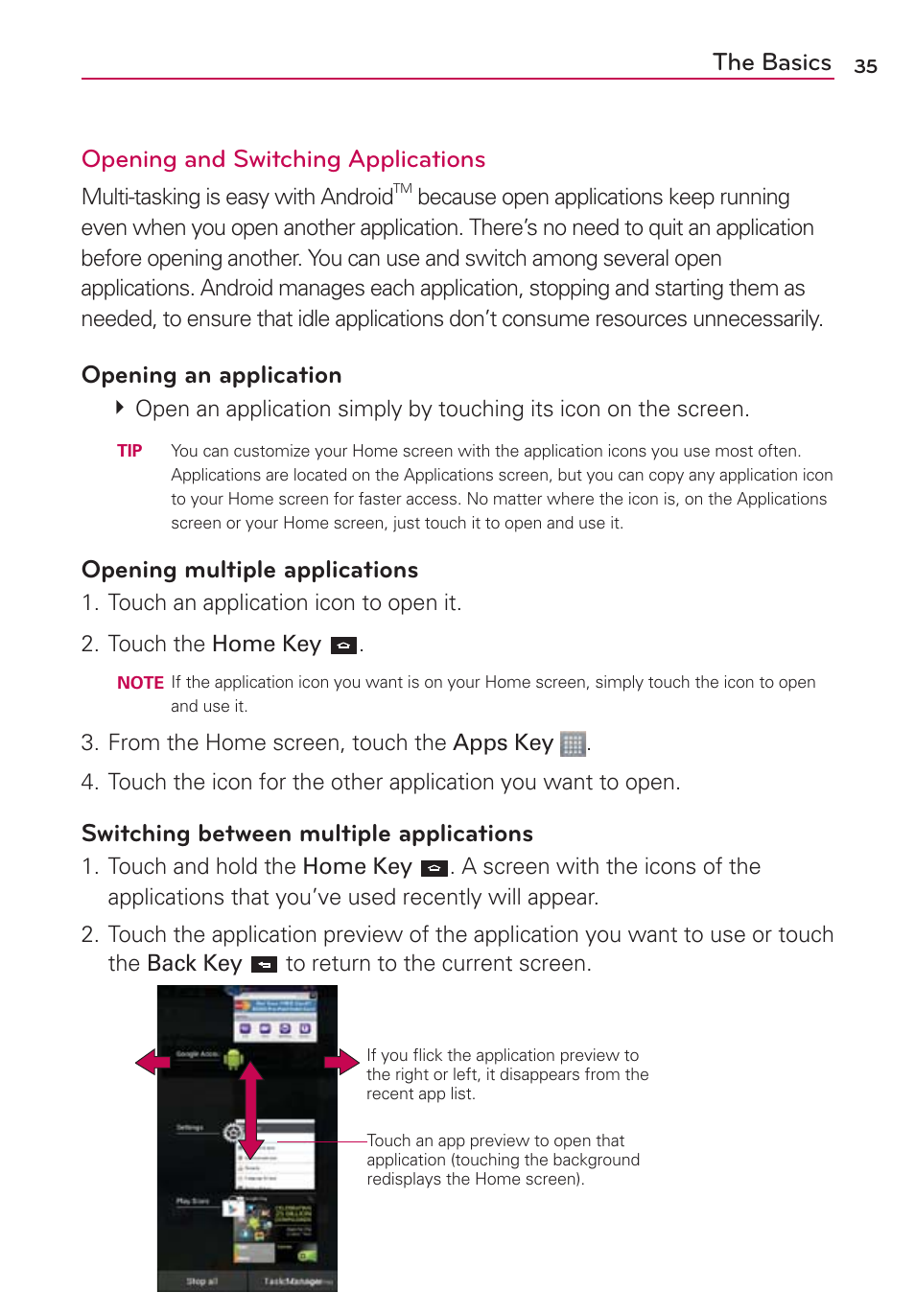 The basics opening and switching applications, Opening an application, Opening multiple applications | Switching between multiple applications | LG LGMS870 User Manual | Page 37 / 210