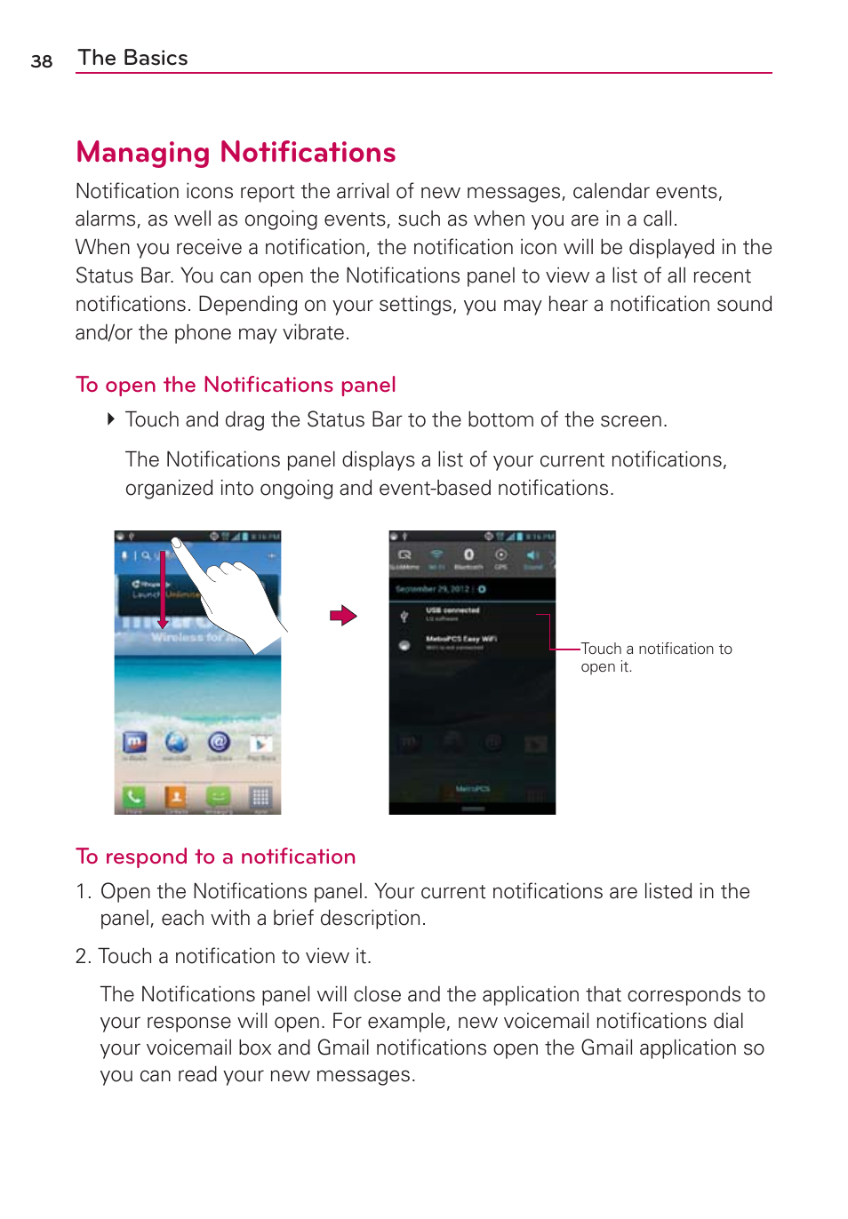 Managing notiﬁcations | LG LGMS870 User Manual | Page 40 / 210