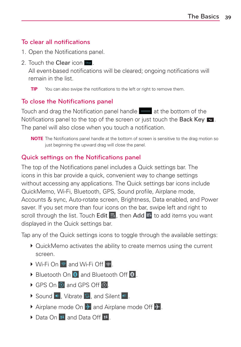 The basics to clear all notiﬁcations, Quick settings on the notiﬁcations panel | LG LGMS870 User Manual | Page 41 / 210