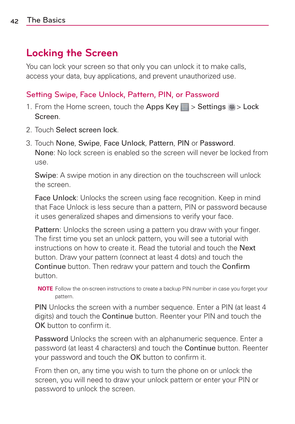 Locking the screen | LG LGMS870 User Manual | Page 44 / 210