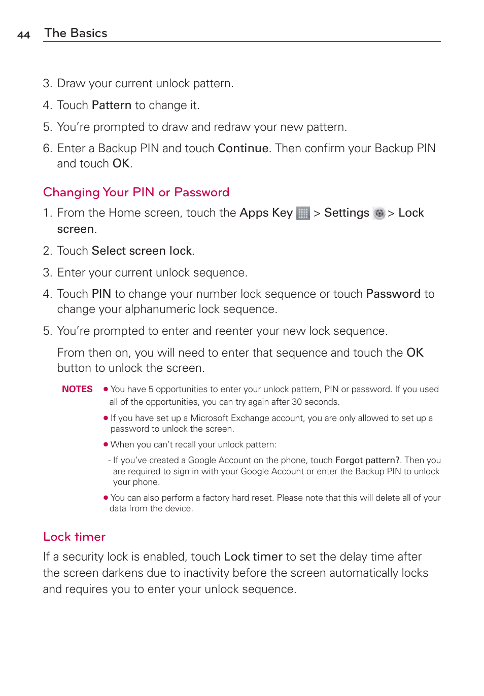 The basics, Changing your pin or password, Lock timer | LG LGMS870 User Manual | Page 46 / 210