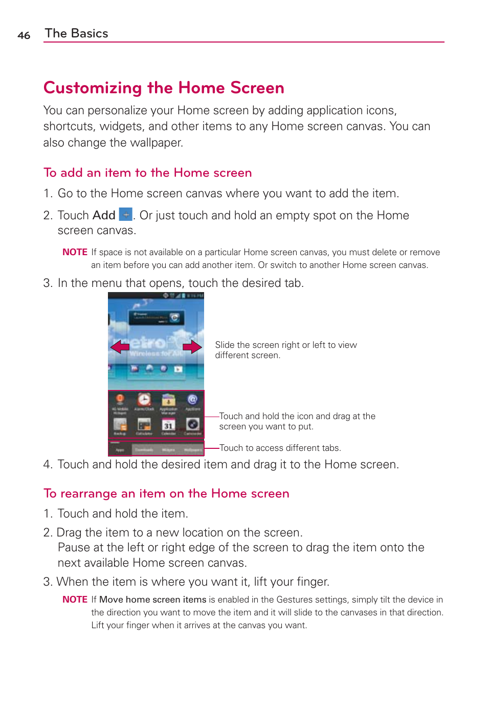 Customizing the home screen, The basics | LG LGMS870 User Manual | Page 48 / 210