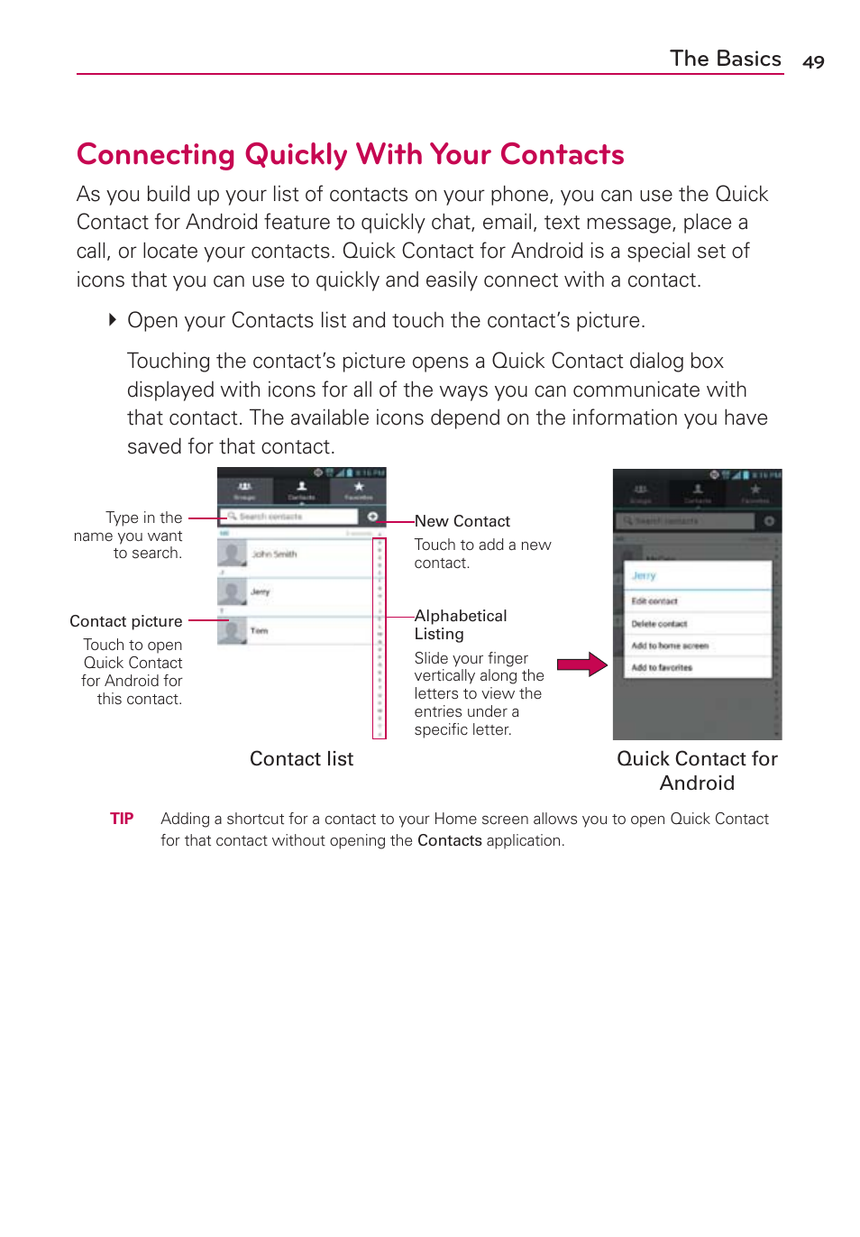 Connecting quickly with your contacts, The basics | LG LGMS870 User Manual | Page 51 / 210