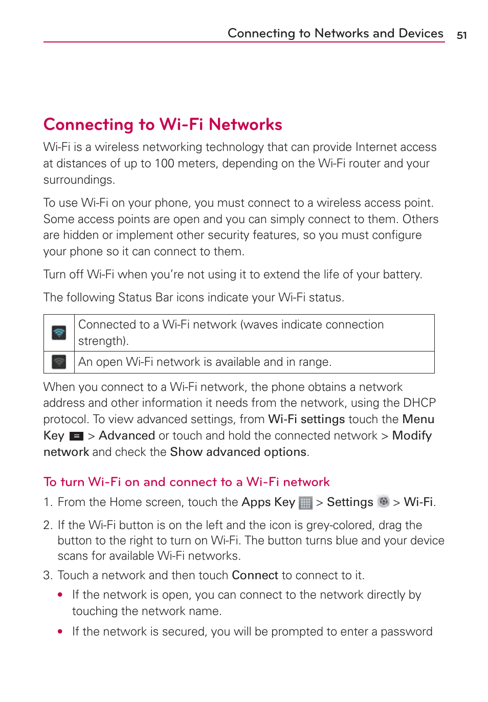 Connecting to wi-fi networks | LG LGMS870 User Manual | Page 53 / 210