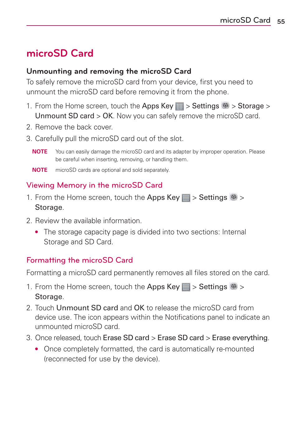 Microsd card, Unmounting and removing the microsd card, Formatting the microsd card | LG LGMS870 User Manual | Page 57 / 210