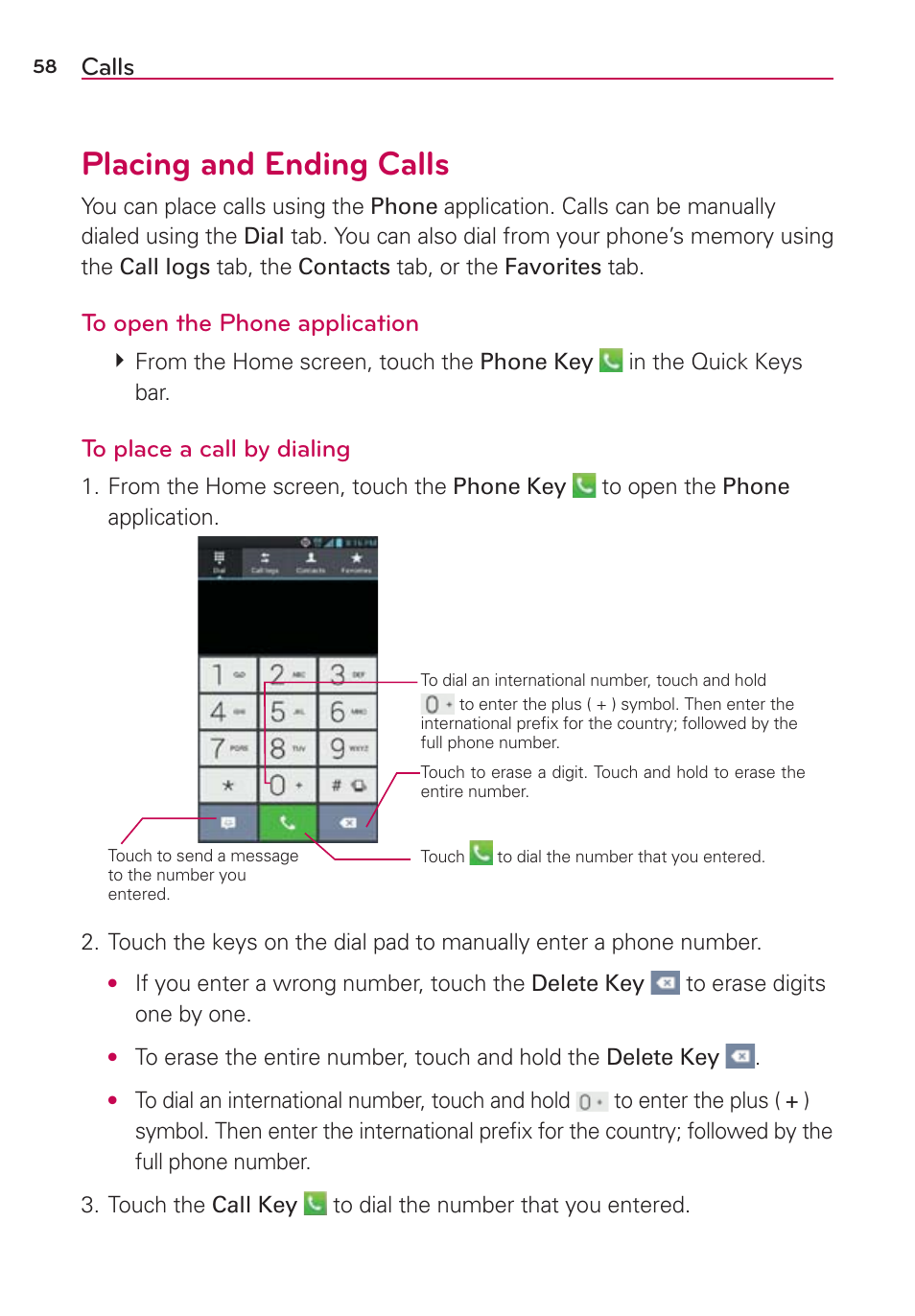 Calls, Placing and ending calls | LG LGMS870 User Manual | Page 60 / 210