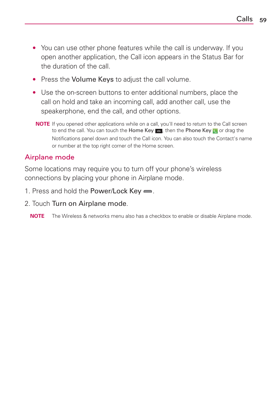 Calls, Airplane mode | LG LGMS870 User Manual | Page 61 / 210