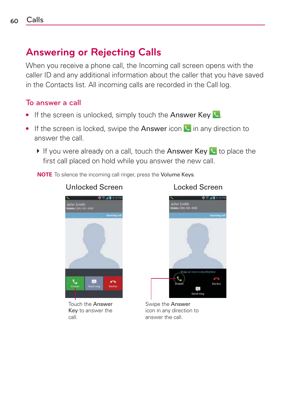 Answering or rejecting calls, Calls | LG LGMS870 User Manual | Page 62 / 210