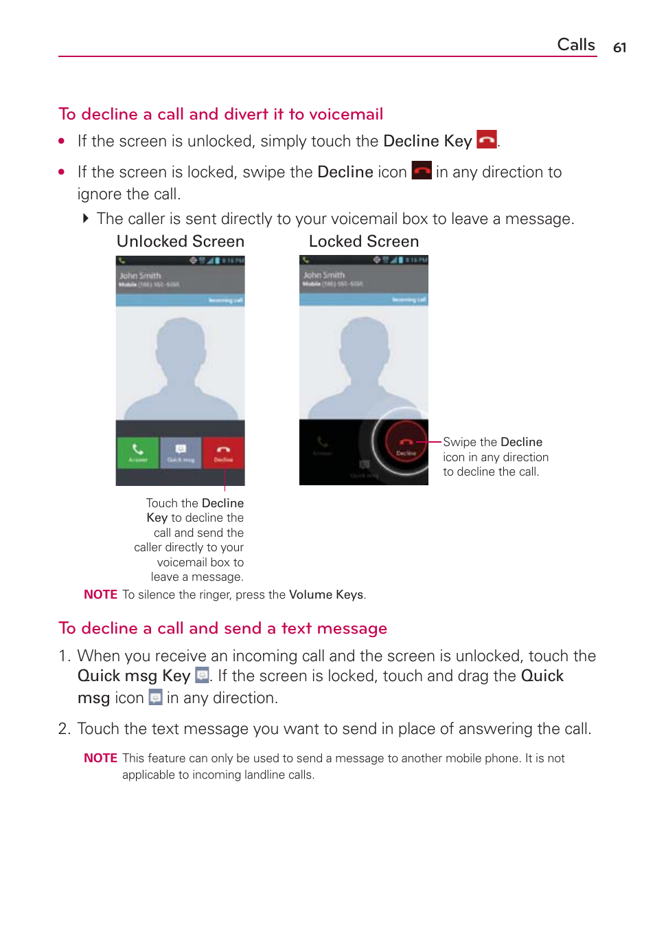 Calls to decline a call and divert it to voicemail | LG LGMS870 User Manual | Page 63 / 210