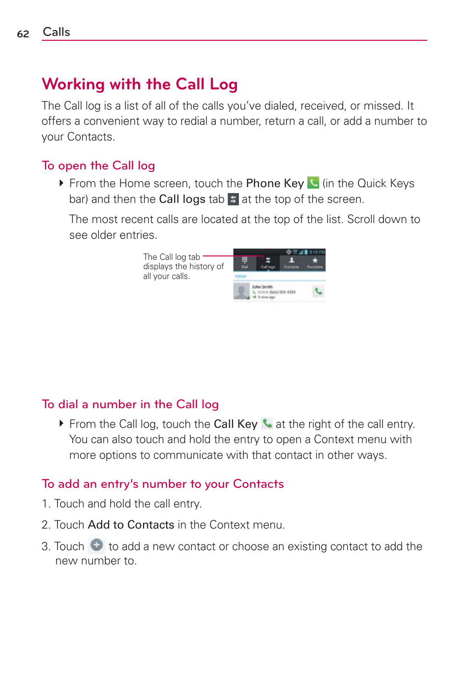 Working with the call log | LG LGMS870 User Manual | Page 64 / 210