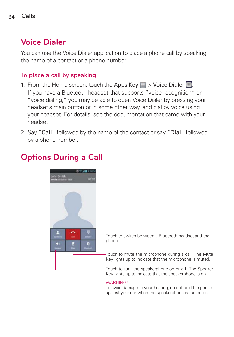 Voice dialer, Options during a call | LG LGMS870 User Manual | Page 66 / 210