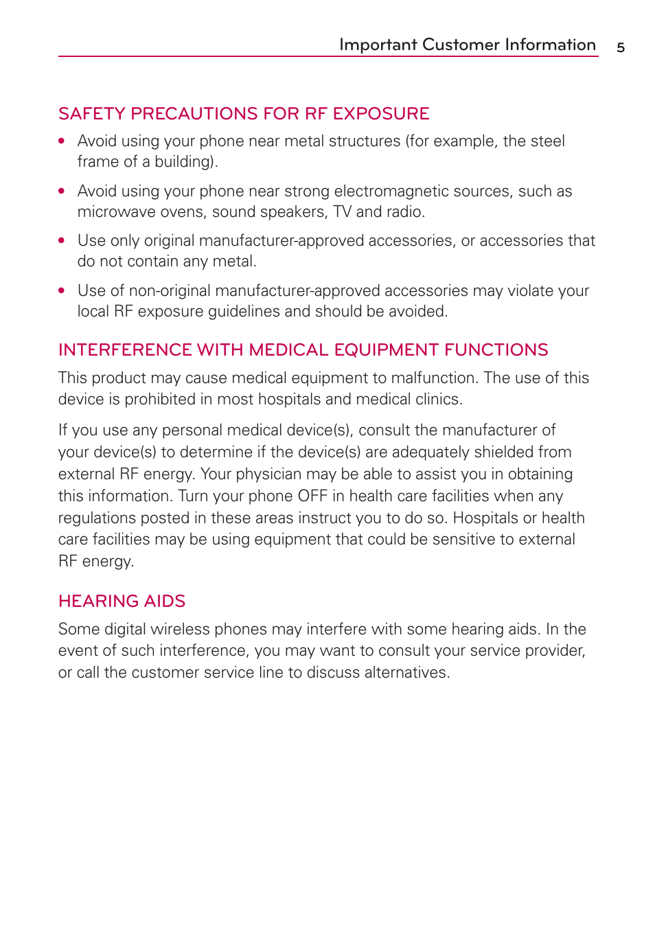 Interference with medical equipment functions, Hearing aids | LG LGMS870 User Manual | Page 7 / 210